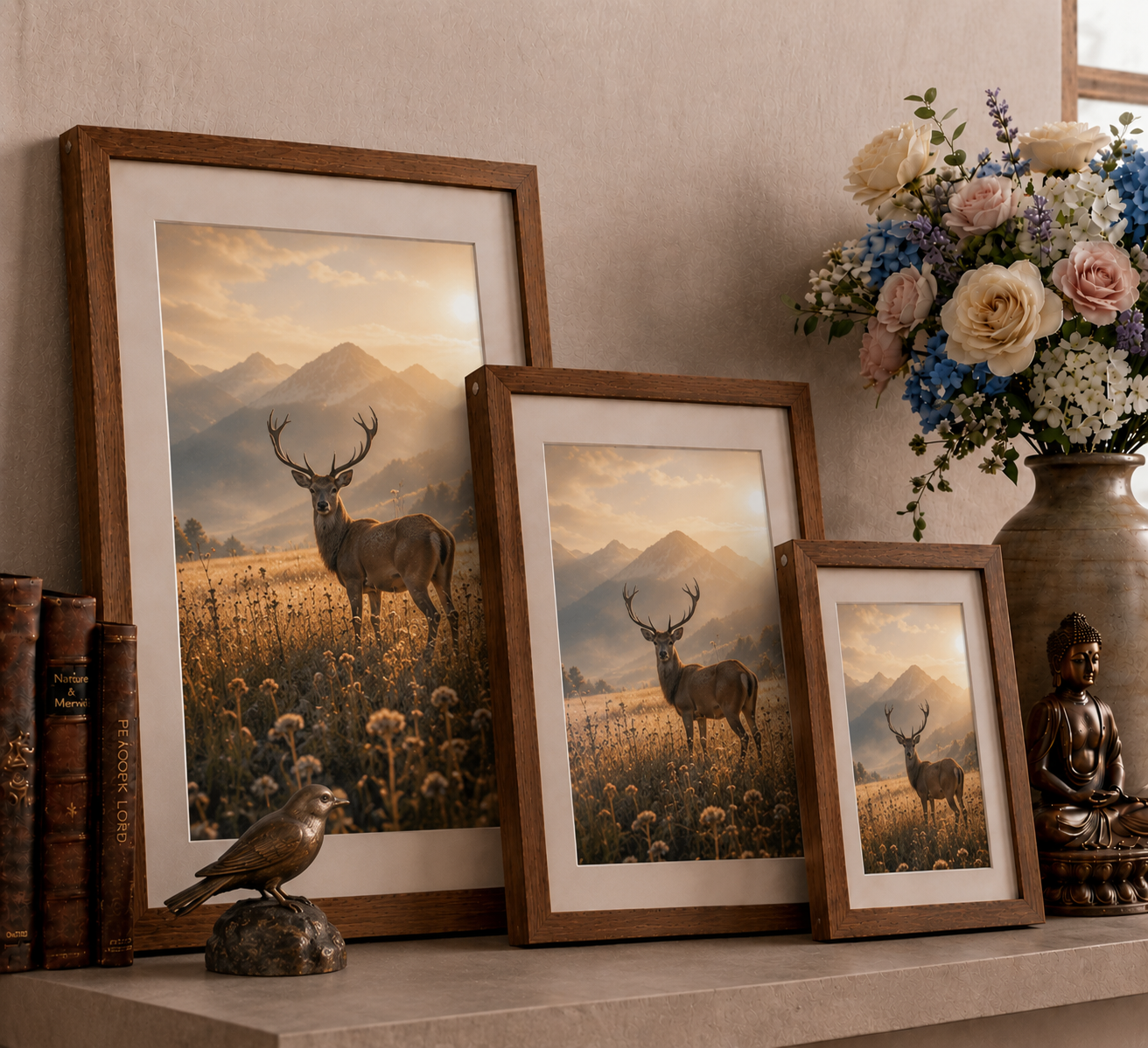 Alpine Spirit: Handcrafted Stag & Mountain Wilderness Gallery in Sustainable Eco-Frames