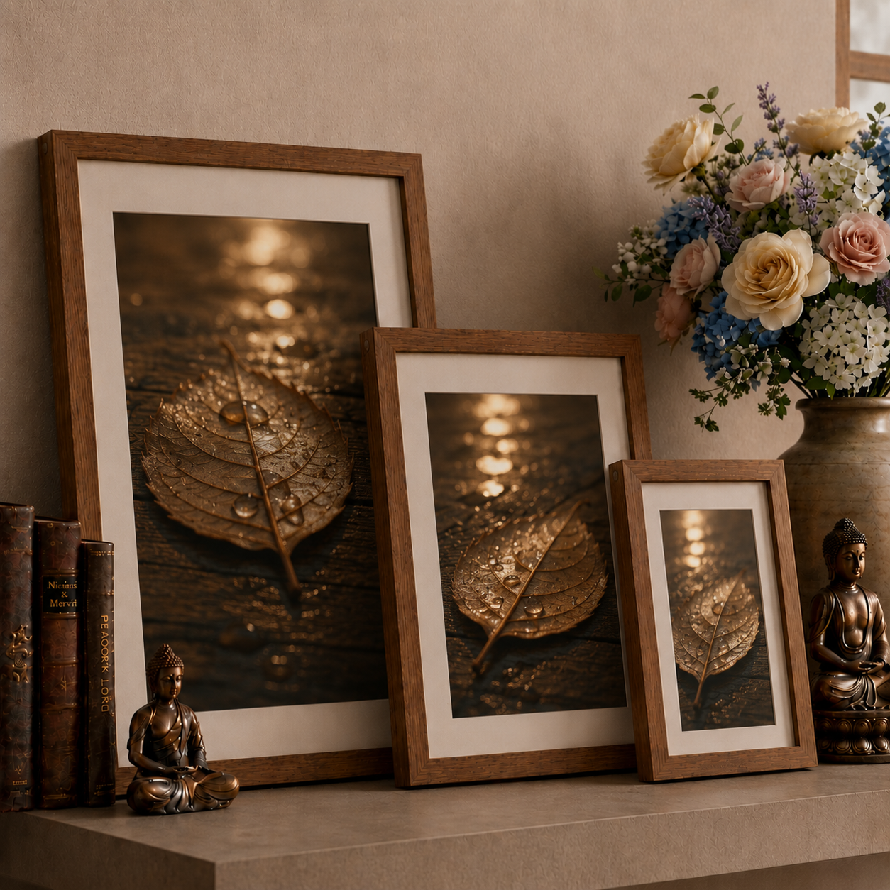 Gilded Reflections: Handcrafted Autumn Leaf & Dew Gallery in Sustainable Eco-Frames