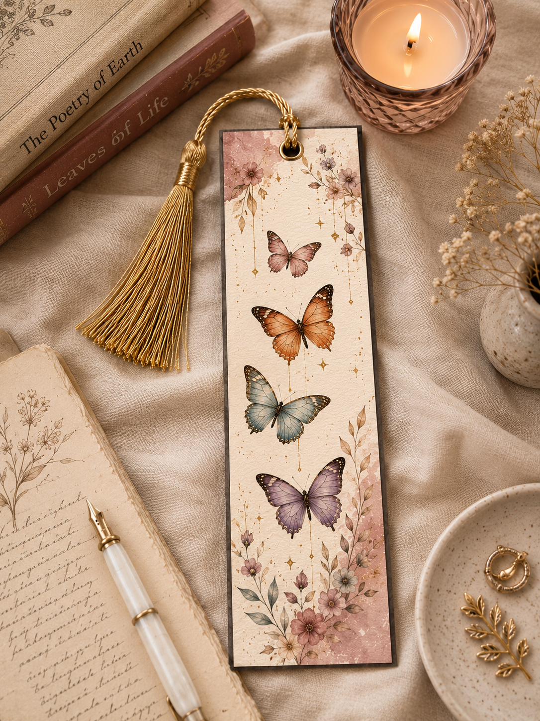 Metamorphosis Grace: Vintage Butterfly & Floral Cardstock Bookmark with Golden Tassel