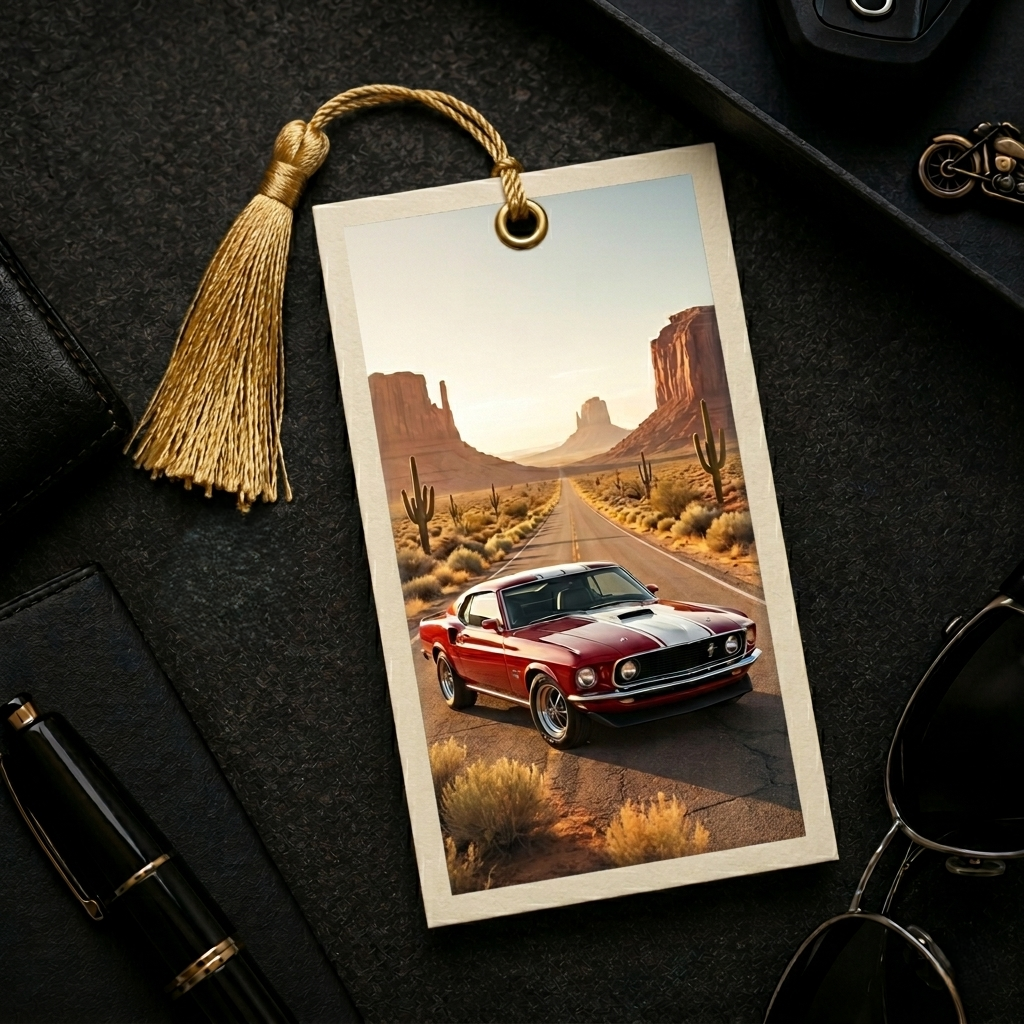 Vintage Highway: Premium Classic Mustang Car Cardstock Bookmark with Golden Tassel