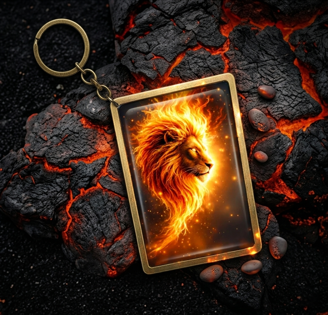 Ember Monarch: Handcrafted Flaming Lion Keychain from Recycled Materials
