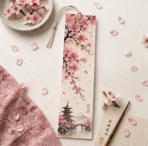 Sakura Serenity: Premium Japanese Cherry Blossom & Mt. Fuji Watercolor Cardstock Bookmark