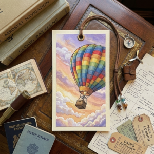 Skyward Wanderlust: Premium Hot Air Balloon Watercolour Cardstock Bookmark with Brown Cord