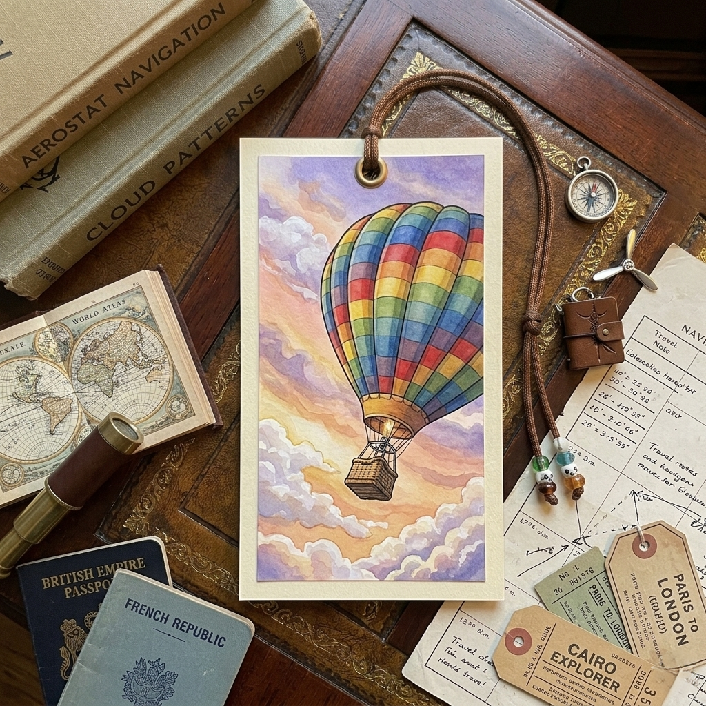 Skyward Wanderlust: Premium Hot Air Balloon Watercolour Cardstock Bookmark with Brown Cord