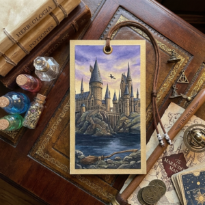Wizard's Sanctuary: Premium Magical Castle Watercolor Bookmark with Braided Brown Cord