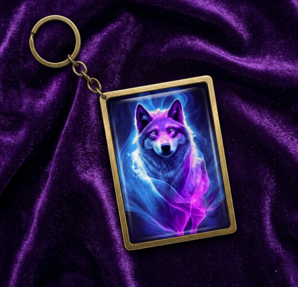 Spectral Alpha: Handcrafted Ethereal Wolf Keychain from Recycled Materials