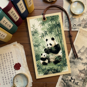 Zen Panda Sanctuary: Premium Watercolor Bamboo Forest Cardstock Bookmark with Brown Cord