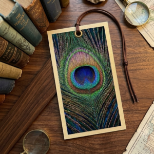 Royal Iridescence: Premium Peacock Feather Cardstock Bookmark with Braided Cord